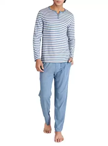 DAVID ARCHY Mens Pajamas Set Cotton Long Sleeve Sleepwear Lounge Wear Pants with Pocket Striped Henry Collar (L, Heather Navy Blue)
