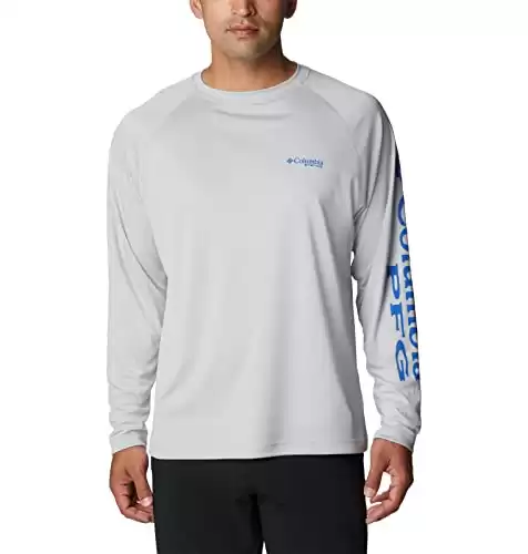 Columbia Men's Terminal Tackle Long Sleeve Shirt, Cool Grey, Vivid Blue Logo, Large