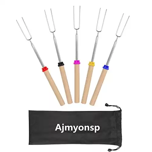 Ajmyonsp Marshmallow Roasting Sticks Smores Stick for Fire Pit - Hot Dog Campfire Skewers Mashmellow Camping 32 Inch Long Extendable Forks 5 Pack