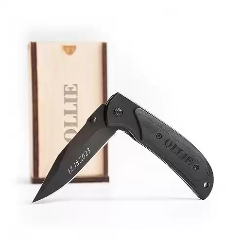 Personalized Pocket Knife with Folding Blade in Wooden Box
