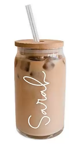 Personalized Iced Coffee Glass with Bamboo Lid & Plastic Straw