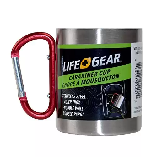 Life Gear Stainless Steel Double Walled Mug with Carabiner Handle - Portable Rockclimbing, Hiking, Backpacking or Camping Travel Cup 10 oz