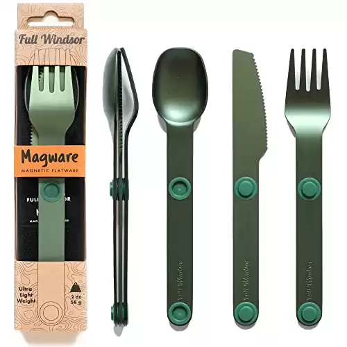 MAGWARE Magnetic Camping Utensils Set - Portable & Reusable Metal Travel Flatware with a Case for Camping, Picnic, Office & Kid's Lunchbox | Camping Cutlery Set | Knife, Fork & Spoon (3 PCS)
