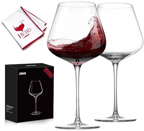JBHO Hand Blown Italian Style Crystal Burgundy Wine Glasses - Lead-Free Premium Crystal Clear Glass - Set of 2-21 Ounce - Gift-Box for any Occasion