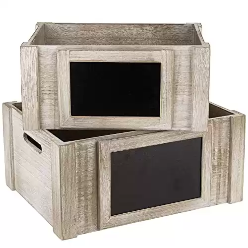 KMwares 2pcs Rustic Wooden Crates Decorative Nesting Storage with Chalkboard Front Panel and Handle Wooden Crafted Basket Centerpieces for Home(White Gray)