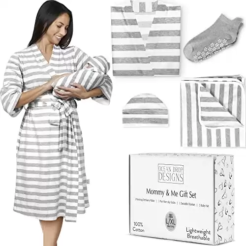  Maternity Robe Matching BaFby Receiving Swaddle Blanket Set  Newborn Hospital Labor Delivery Nursing Pregnancy Robe (Purple - 3Pcs,  L-XL) : Baby