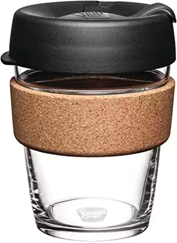 KeepCup Reusable Tempered Glass Coffee Cup | Travel Mug with Spill Proof Lid, Brew Cork Band, Lightweight, BPA Free | Medium | 12oz | Black