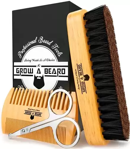 Beard Brush for Men & Beard Comb Set w/Mustache Scissors Grooming Kit, Natural Boar Bristle Brush, Dual Action Wood Comb, and Travel Bag Great for Christmas Gift (Bamboo)