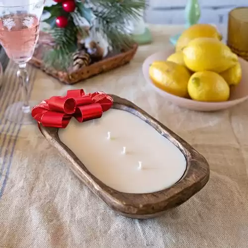 Wooden Dough Bowl Candle 10 Inch, Soy Candle, Farmhouse Candles for Table, Wood Boat 4 Wick, Décor, Unscented