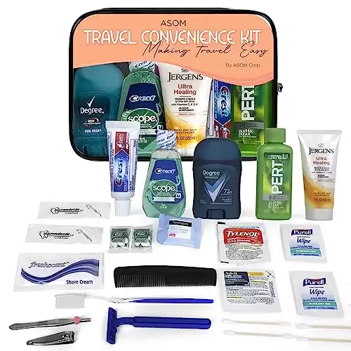 Asom Toiletry Travel Convenience Kit - Prefilled TSA Approved Personal Care Toiletries Hygiene Essentials Traveling Accessories Set, 20-Piece Unisex Travel-Size Toiletries Kit.