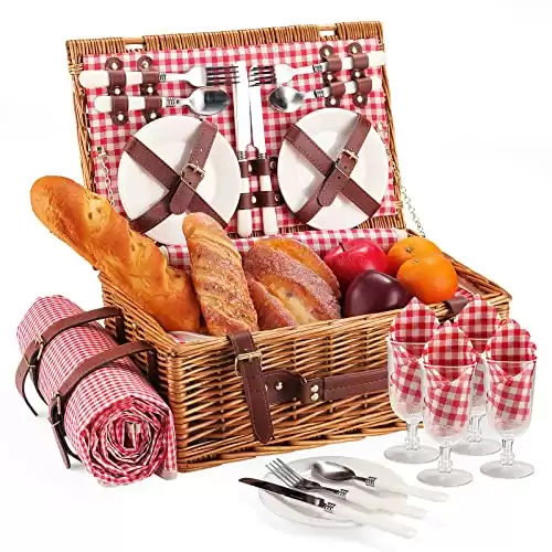 HYBDAMAI Picnic Basket for 4 Persons with Waterproof Picnic Blanket and Insulated Cooler, Large Wicker Picnic Basket for Camping, Outdoors, Valentine's Day, Christmas, Birthday, Wedding Gift, Pink