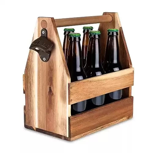 Foster & Rye Acacia Wood 6-pack Beer Carrier - Growler Bottle Caddy, Drink Holder, Liquor Bottle Organizer