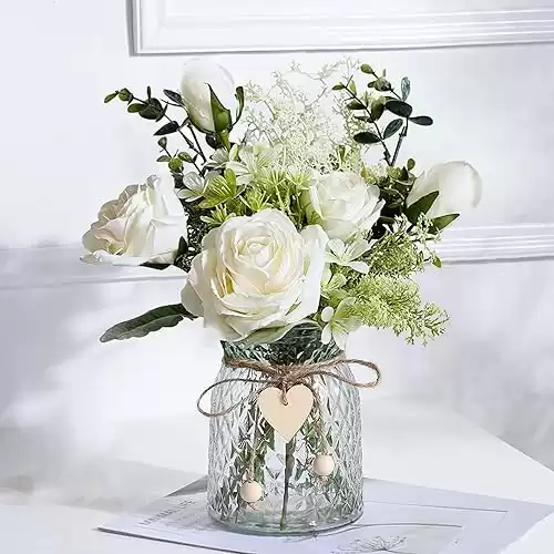 Fake Flowers with Vase, Silk Roses Artificial Flowers in Vase