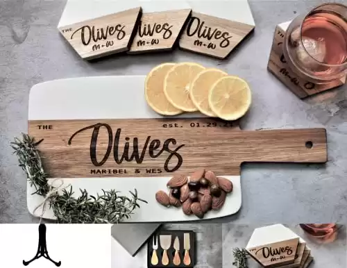 Personalized Marble and Wood Cutting Board with Coasters