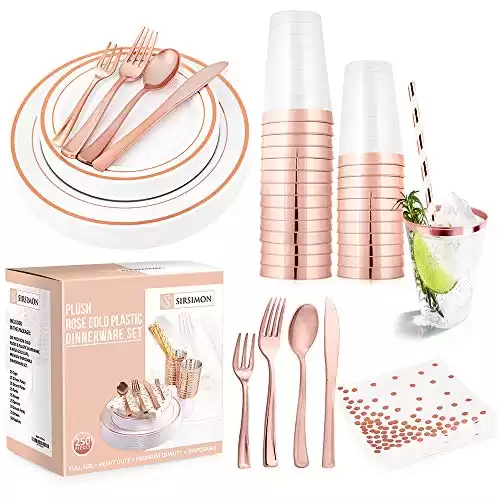 250 Piece Disposable Rose Gold Plastic Dinnerware Set