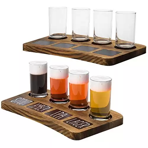 Beer Flight Board Sampler Set with 4 Tasting Beer Glasses