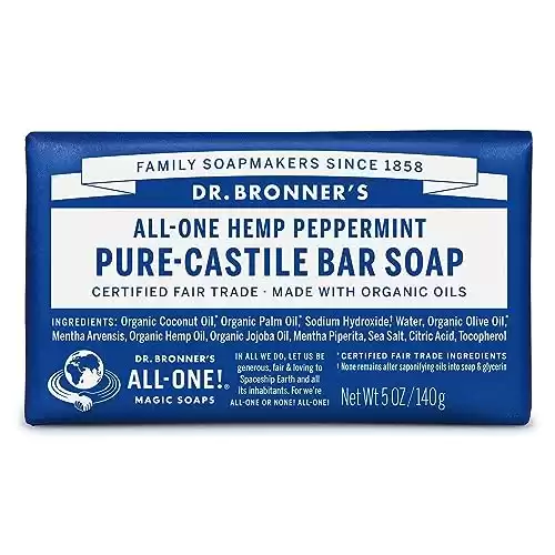 Dr. Bronner’s - Pure-Castile Bar Soap (Peppermint, 5 ounce) - Made with Organic Oils, For Face, Body and Hair, Gentle and Moisturizing, Biodegradable, Vegan, Cruelty-free, Non-GMO