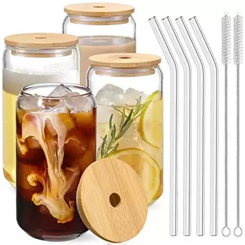 Drinking Glasses with Bamboo Lids and Glass Straw 4pcs Set