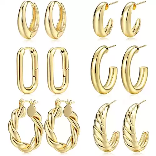 Gold Hoop Earrings Set for Women, 6 Pairs