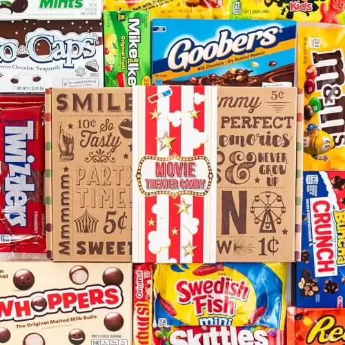 VINTAGE CANDY CO. MOVIE THEATER CANDY CARE PACKAGE - FAMILY MOVIE NIGHT CANDIES GIFT BOX - Fun Party Favors at Home - PERFECT For Women Men Husband Wife Kids Girls Boys College Students