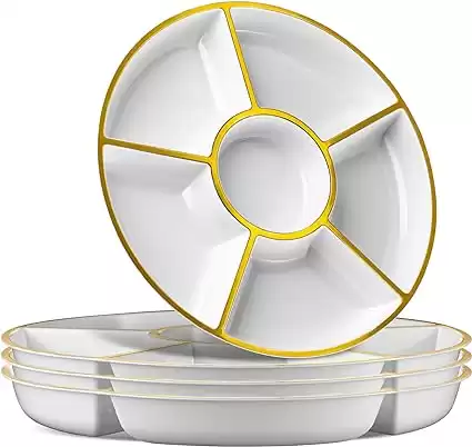 Sectional Round Plastic Serving Tray/Platter (2, White & Gold)