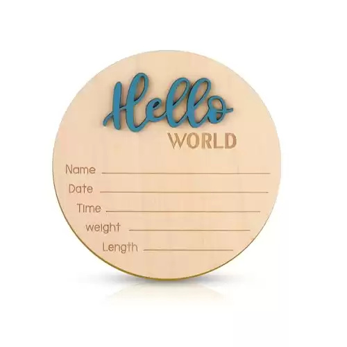Baby Announcement Sign, 5.9 Inch Wooden Hello World Newborn Welcome Sign Birth Baby Name Plaques for Photo Props Baby Shower Hospital Nursery(Blue)