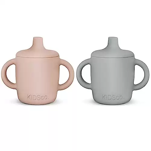 KIDSco. Silicone Sippy Cup and Training Cup for Baby 6 months+ Soft Spout and Handles Unbreakable Easy Grip for Babies 6-12 months and Toddlers 1-3 years 5oz/150ml (Grey Mist and Pink)