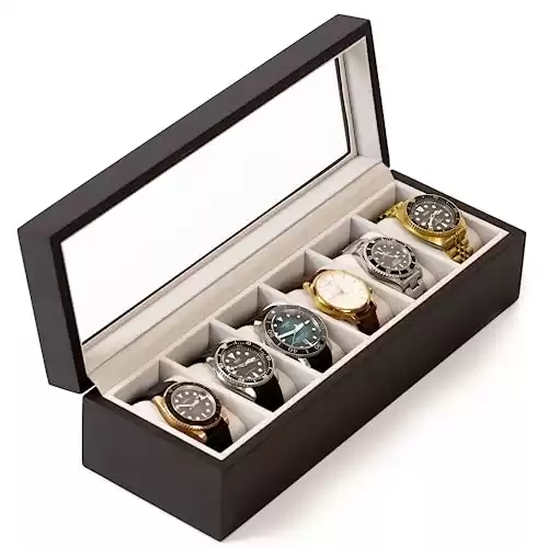 Solid Espresso Wood Watch Box Organizer with Glass Display Top