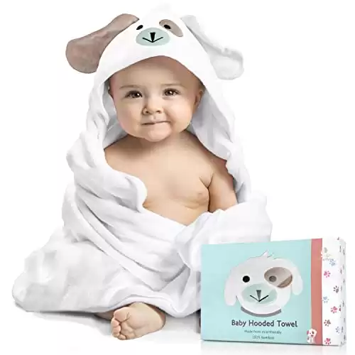 FOREVERPURE Baby Towels with Hood Towel Bath Hooded Gift X-Large Premium Organic Bamboo Cotton and Washcloths for Boy and Girl Ultra Soft Dog Perfect White 35 x 35 inches