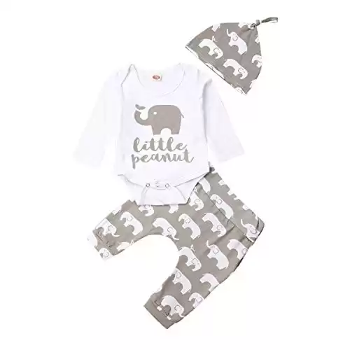 Rarjuiey 3Pcs Newborn Baby Boy Girl Elephant Outfits Long Sleeve Little Peanut Romper Bodysuit+Leggings Pants+Hat Clothes (Babies Fall/Winter Outifts, 3-6 Months)