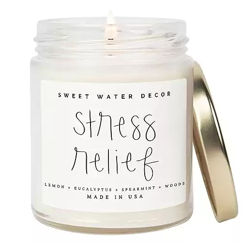 Sweet Water Decor Stress Relief Candle | Eucalyptus, Spearmint, Citrus, Sage, Relaxing Scented Soy Candles for Home | 9oz Clear Jar, 40 Hour Burn Time, Made in the USA