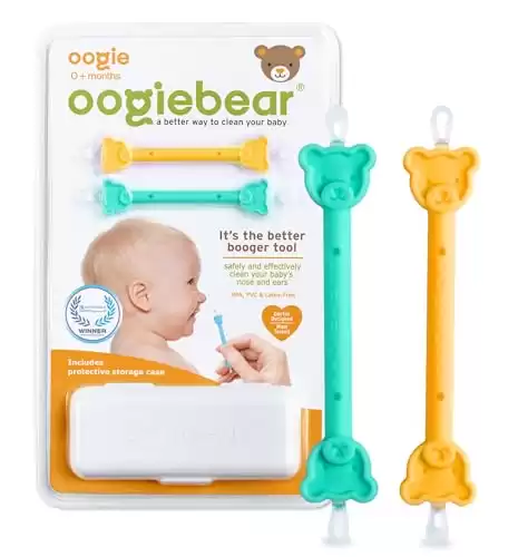 oogiebear - Nose and Ear Gadget. Safe, Easy Nasal Booger and Ear Cleaner for Newborns and Infants. Dual Earwax and Snot Remover - 2 Pack with Case - Orange and Seafoam