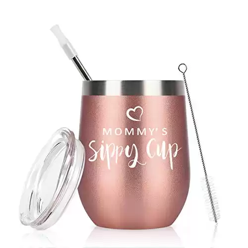 Mommy's Sippy Cup Wine Tumbler with Lid, Mom Birthday Christmas Gifts for Mom New Mom Mother Wife Women Mother's Day Thanksgiving Day, Insulated Stainless Steel Stemless Tumbler (12 Oz, Rose...