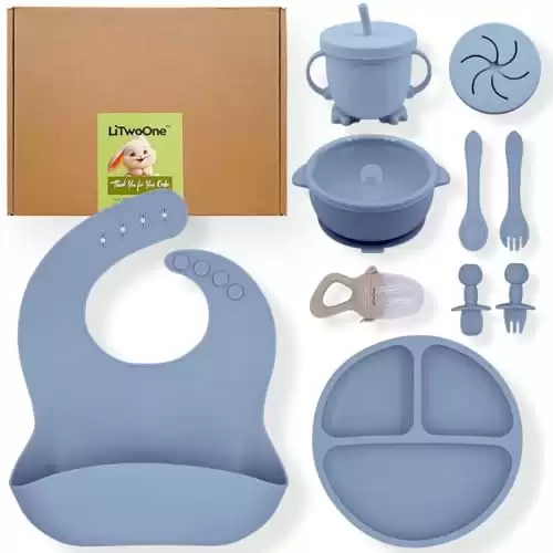 LiTwoOne Silicone Baby Feeding Set (12 Piece Set) with Suction Plate, Bowl, Bib, Utensils, Cup with Lid | Baby Led Weaning Supplies | and a BONUS item Fruit Pacifier (gray blue)