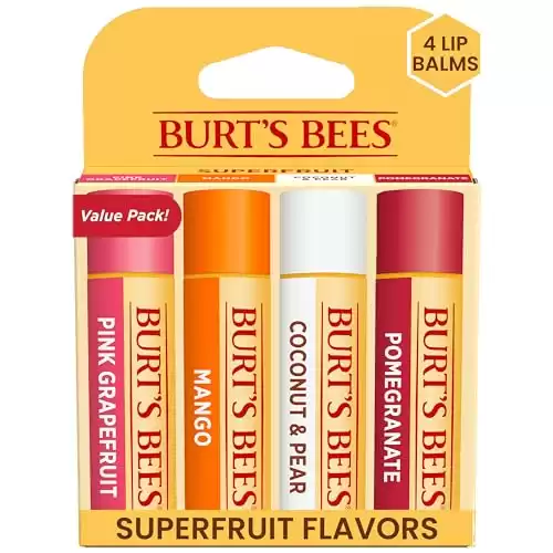Burt's Bees Pink Grapefruit, Mango, Coconut and Pear, and Pomegranate Lip Balm Pack, Lip Moisturizer With Responsibly Sourced Beeswax, Tint-Free, Natural Conditioning Lip Treatment, 4 Tubes, 0.15 oz.