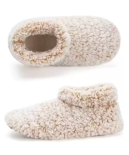 Cozylook Fuzzy Slippers for Women Indoor, Warm Bedroom Slip On Shoes, Winter Fluffy House Socks with Grippers, Cozy Christmas Gifts Unique for Her Girlfriend Mom Grandma, Adult Size 7-8 Taupe
