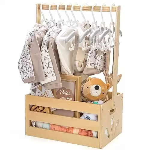 GiftAmaz Wooden Baby Shower Crate Closet, Baby Storage Crate Hamper with Handle, Basket for Baby Shower Gifts, Welcome Gift Basket for Newborn Boys Girls, Pregnancy Gifts for New Parents