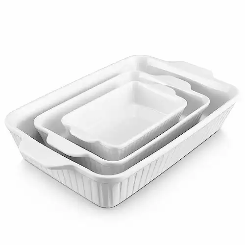 DOWAN Casserole Dishes for Oven, Ceramic Baking Dishes for Oven Set of 3, Lasagna Pan Deep, Baking Pan Set Rectangular Casserole Dish Set with Handles for Baking, White (15.6''/12.2'&am...