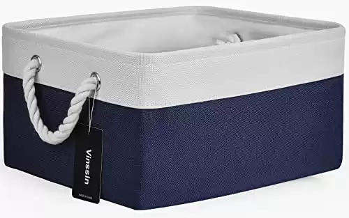 Vinssin Large Storage Baskets ,Foldable blue Basket with Handles, Canvas Fabric Storage Bins for Gift ,Organizing,Cupboards, Shelves, Clothes, Toys, Towel, (blue+White,1 Pack)