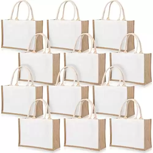 12 Pieces Burlap Tote Bags Set White