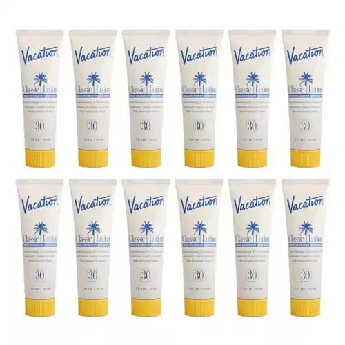 Vacation Mini Classic Lotion SPF 30, Water Resistant, Broad Spectrum Bulk Sunscreen, Travel Size, Bachelorette Party Favors, Beach Essential, 1 fl. oz. (Pack of 12)