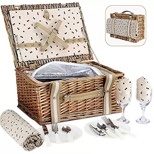 Willow Picnic Basket Set for 2 Persons with Large Insulated Cooler Bag and Waterproof Picnic Blanket