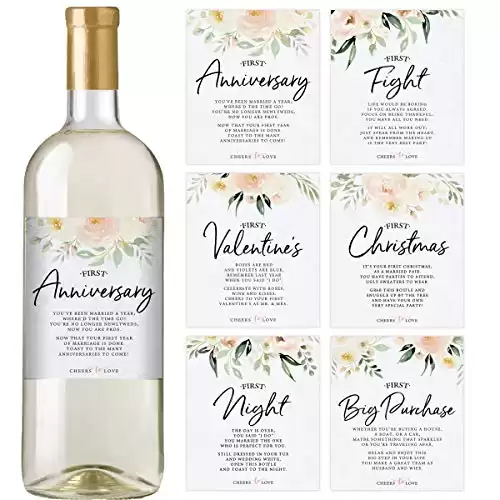 Printed Party Marriage Milestones, Floral Wedding Firsts, 6 Wine Bottle Labels