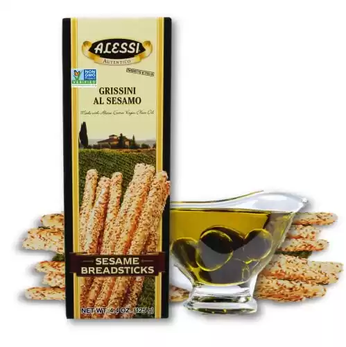 Alessi Imported Breadsticks, Sesame Autentico Italian Crispy Bread Sticks, Low Fat Made with Extra Virgin Olive Oil, 4.4oz (Sesame, 4.4 Ounce (Pack of 12))