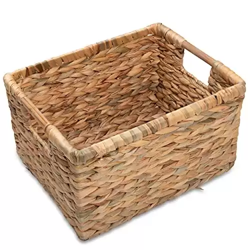 VATIMA Large Rectangular Wicker Basket with Wooden Handles for Shelves and Storage - Natural Water Hyacinth Basket for Organizing, 14.5 x 10.3 x 7.5 inches