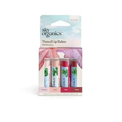 Sky Organics Tinted Lip Balms for Lips to Moisturize, Soften & Add A Wash of Color, Four Assorted Shades, 4pk.