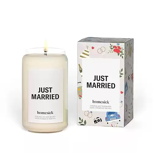 Homesick Just Married Scented Candle - 13.75 oz Ocean Air, Neroli, Amber Crystal Scented Natural Soy Wax Blend, Congratulations Engagement Gift for Women, Men, Friend, Coworker, Family