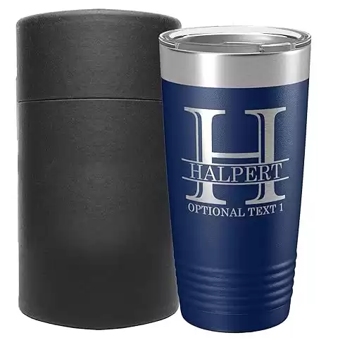 Personalized 20oz (17 Colors) Powder Coated Insulated Stainless Steel Tumbler with Lid, Custom Etched, Customized Engraved Gift Idea for Women Men Her Him, Halpert Monogram Initial Name (Navy Blue)