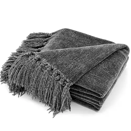 RECYCO Throw Blanket Soft Cozy Chenille Throw Blanket with Fringe Tassel for Couch Sofa Chair Bed Living Room Gift (Dark Gray, 50