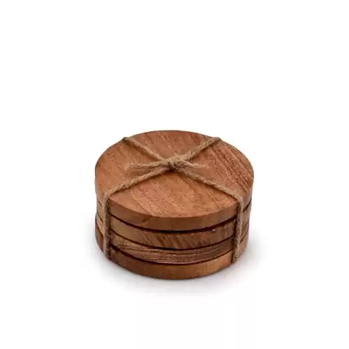 Samhita Acacia Wood Round Coasters Protection Tabletop,Countertop and Surfaces from Water Marks or Damage | Home & Office Decor | Housewarming Gift (Set of 4) (4